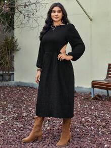 SHEIN VCAY Plus Solid Bishop Sleeve A-line Dress - Black - View 3