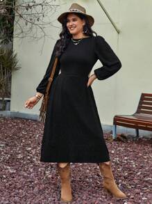 SHEIN VCAY Plus Solid Bishop Sleeve A-line Dress - Black - View 5