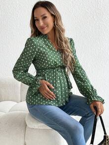 SHEIN 孕婦波點圖案荷葉袖腰帶襯衫 - 綠色 - 查看 5