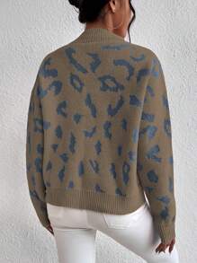 SHEIN LUNE 图案高领落肩针织套头衫秋冬毛衣 - 駝色 - 查看 2