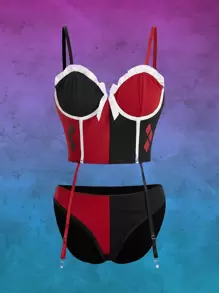 Harley Quinn | ROMWE Colorblock Frill Trim Garter Bustier Set Lingerie - Black - View 1