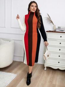 Calvaya 大碼撞色小高領毛衣洋裝 - 彩色 - 查看 3