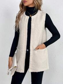 SHEIN Tall Dual Pocket Open Front Teddy Vest Coat - Beige - View 4