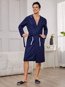 Hombres Bata con cinturón con doble bolsillos con capucha - Azul Marino - Ver 5