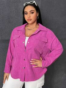 SHEIN EZwear 大碼翻蓋口袋落肩袖燈芯絨大衣 - 玫紅色 - 查看 3