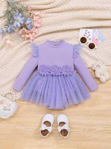 SHEIN Bebé niña Body ribete con fruncido de malla en contraste - Lila Púrpura - Ver 1