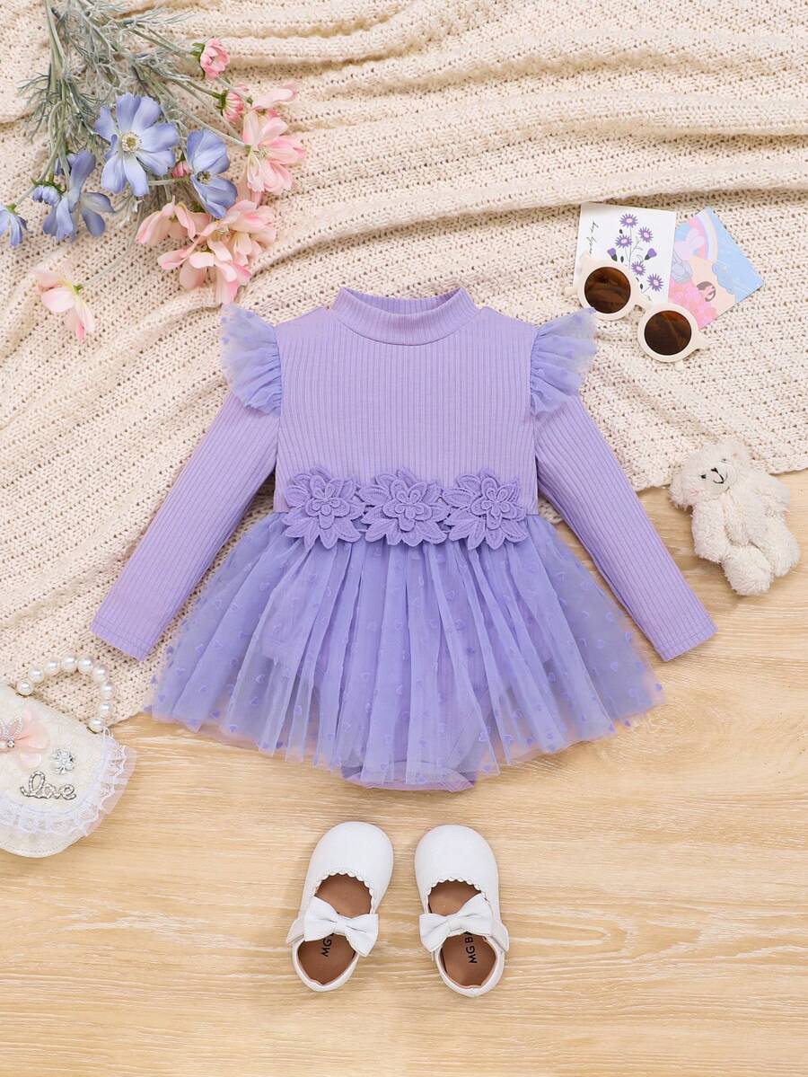 SHEIN Bebé niña Body ribete con fruncido de malla en contraste - Lila Púrpura - Ver 1