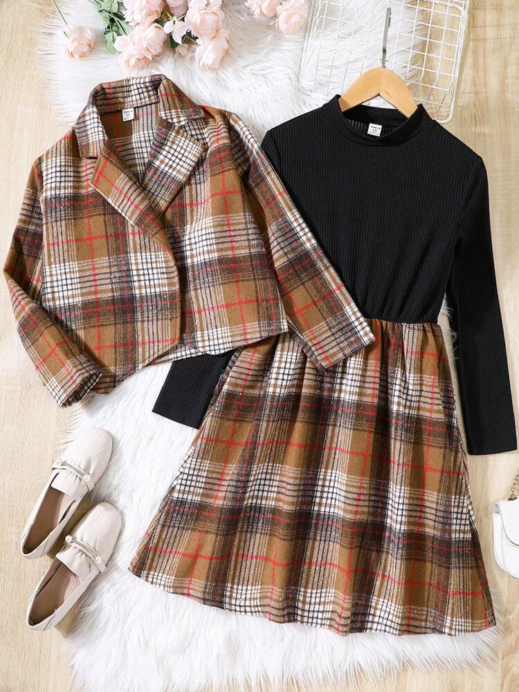 Tween Girl Plaid Print Lapel Neck Blazer & Dress