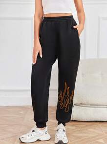SHEIN EZwear Fire Print Elastic Waist Sweatpants - Black - View 1