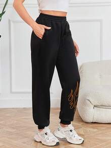 SHEIN EZwear Fire Print Elastic Waist Sweatpants - Black - View 4
