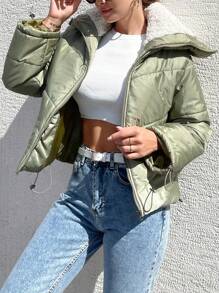 EURMUSE Borg Collar Drop Shoulder Zipper Puffer Coat - Olive Green - View 4