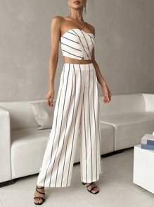 SHEIN Privé Striped Print Tube Top & Wide Leg Pants