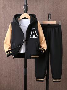 Young Boy Letter Patched Striped Trim Hooded Jacket & Sweatpants Without Tee