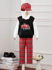 SHEIN Young Boy Car Print Vest & Solid Shirt & Plaid Pants & Hat - Multicolor - View 1