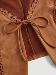 SHEIN MOD Women's Plus Size Lace Splicing Tie Knot Vest Jacket - Mocha Brown - View 3