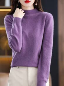 100% Merino Wool Women's Sweater Soft Warm Mock Neck Pullover Fall Winter Sweater One-Line Seamless Sweater - Purple - View 4