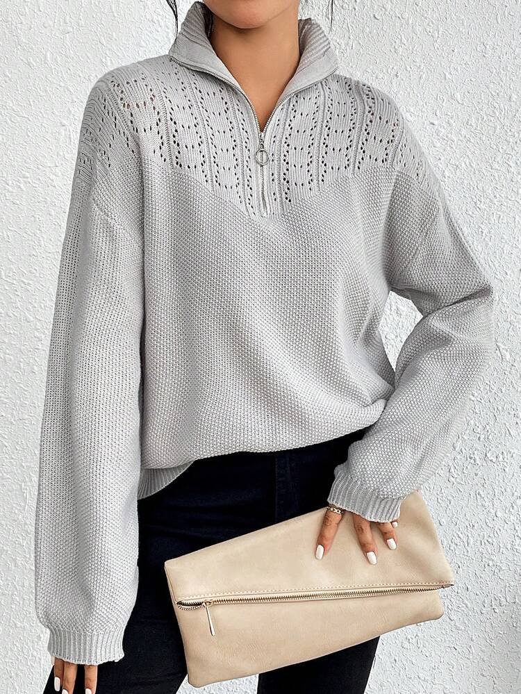Half Zip Drop Shoulder Pointelle Knit Pullover Fall Winter Sweater