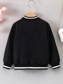 SHEIN 女小童人像圖案條紋飾邊飛行員夾克不帶T恤 - 黑色 - 查看 2