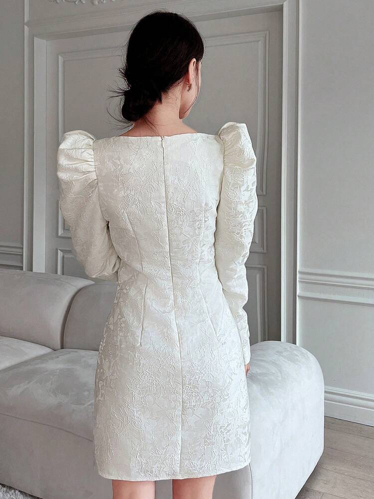 Square Neck Gigot Sleeve Split Hem Dress