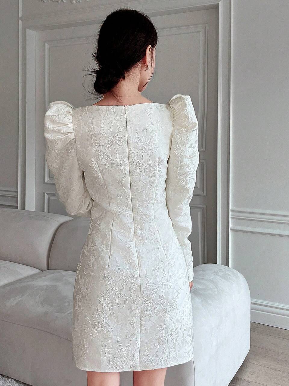 Square Neck Gigot Sleeve Split Hem Dress