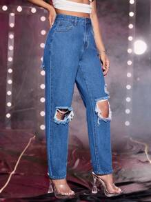 高腰破洞媽媽牛仔褲 - 藍色 - 查看 6