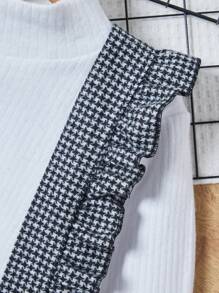 RueChic Tween Girl Mock Neck Tee & Houndstooth Print Ruffle Trim Overall Dress - Black and White - View 3