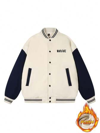 Men Letter Graphic Striped Trim Colorblock Drop Shoulder Varsity Jacket