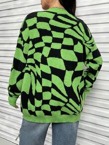 SHEIN Essnce 幾何圖案落肩袖開襟衫 - 綠色 - 查看 2