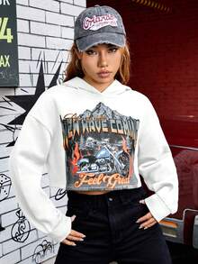 SHEIN EZwear 字母和車圖案落肩袖短款連帽衫 - 白色 - 查看 3