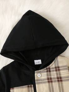 Young Boy Plaid Print Hooded Shirt & Ripped Frayed Jeans - Black - View 3