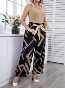 Calvaya Plus Solid Cami Top & Geo Print Tie Front Wide Leg Pants