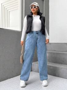 SHEIN ICON Plus High Waist Straight Leg Jeans - Light Wash - View 5