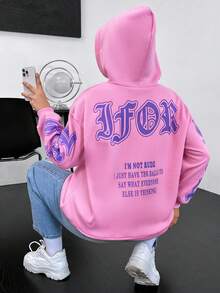 Flirla Plus Size Slogan Graphic Drop Shoulder Sweatshirt - Pink - View 4