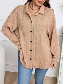 Calvaya Plus Drop Shoulder Pocket Patched Button Front Coat - Apricot - View 4