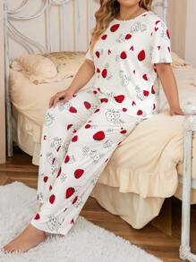 Plus Strawberry & Heart Print PJ Set / Pajama Set - Multicolor - View 3