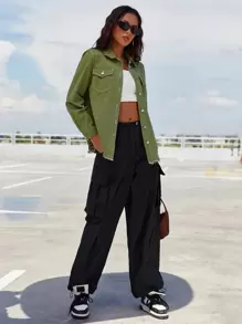 SHEIN EZwear Ripped Raw Hem Denim Jacket - Army Green - View 2