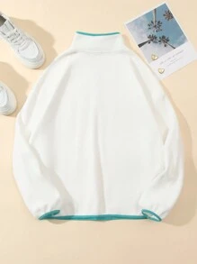 SHEIN Unity 女式撞色字母刺绣半拉链套头衫 - 白色 - 查看 2