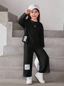 SHEIN 女小童標語圖案落肩T恤和褲子 - 黑色 - 查看 6