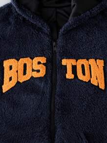 SHEIN Tween Boy Letter Embroidery Hooded Teddy Jacket Without Tee - Black - View 4