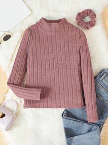 SHEIN 女大童小高領條紋針織T恤&大腸髮圈 - 藕粉色 - 查看 1