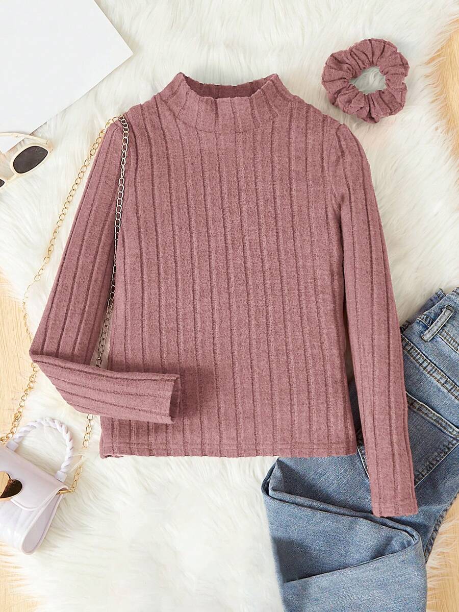 SHEIN 女大童小高領條紋針織T恤&大腸髮圈 - 藕粉色 - 查看 1