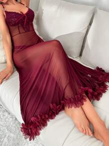 Contrast Lace Appliques Detail Mesh Cami Nightdress - Burgundy - View 6