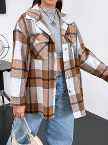 Flirla 大碼格紋印花落肩袖翻蓋口袋襯衫 - 彩色 - 查看 3