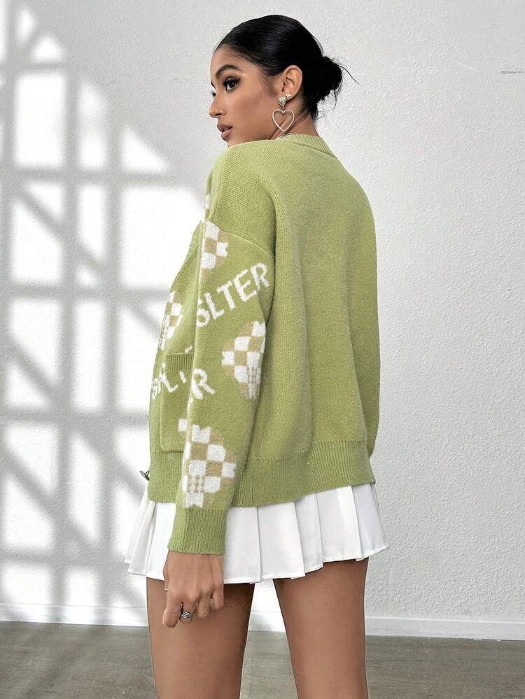 Letter Pattern Drop Shoulder Pocket Patched Cardigan