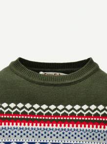 Boys Baby Geo Pattern Raglan Sleeve Sweater - Army Green - View 3