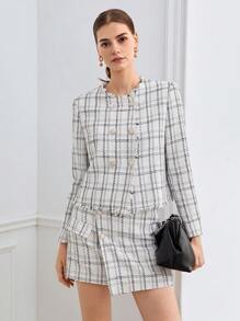 BizChic 格紋圖案前紐扣粗花呢半身裙 - 彩色 - 查看 4