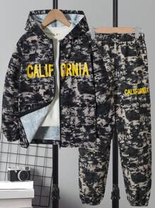 男大童1入組字母圖案連帽夾克和1入組長褲 - 彩色 - 查看 1