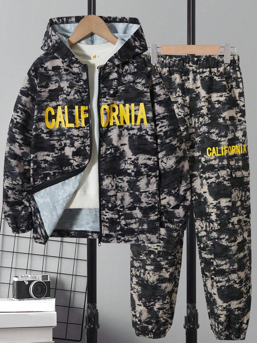 男大童1入組字母圖案連帽夾克和1入組長褲 - 彩色 - 查看 1