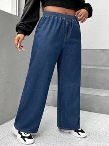 SHEIN EZwear Plus Elastic Waist Wide Leg Jeans - Dark Wash - View 5
