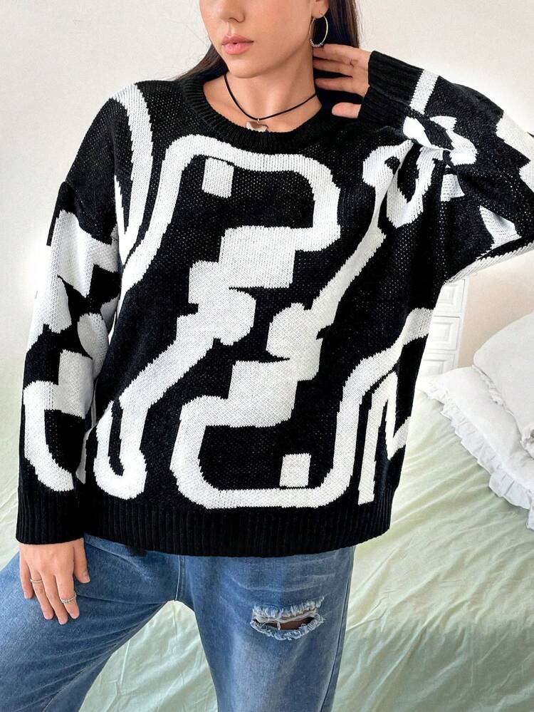 Plus Graphic Pattern Drop Shoulder Sweater Knit Pullover Fall Winter Sweater